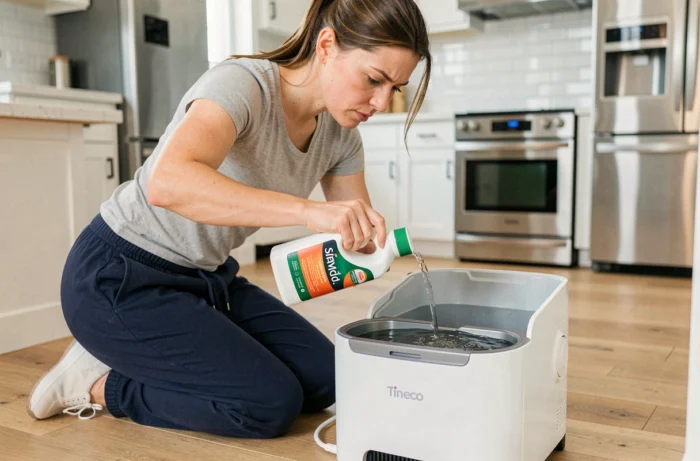Femme versant du Sanytol dans le réservoir d'eau d'un aspirateur Tineco sur parquet en cuisine moderne