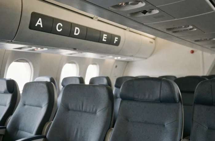 Étiquettes de sièges d'avion montrant la lettre B absente dans la séquence A, C, D, E, F à l'intérieur d'une cabine commerciale