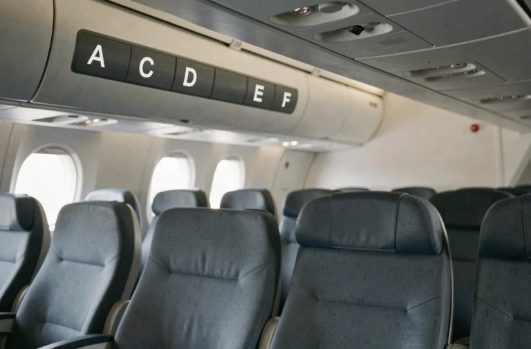Étiquettes de sièges d'avion montrant la lettre B absente dans la séquence A, C, D, E, F à l'intérieur d'une cabine commerciale