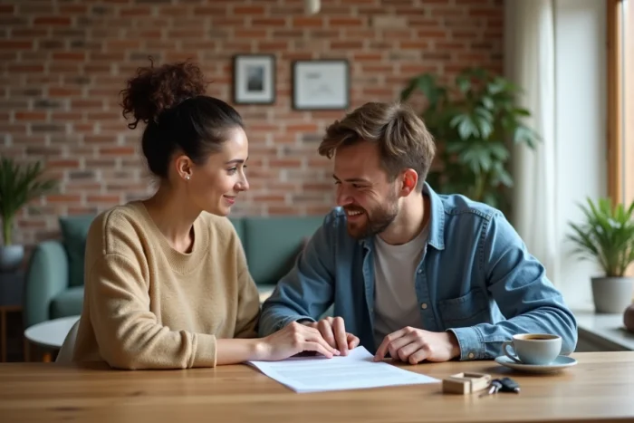 Couple de locataires signant un contrat de location dans un appartement meublé moderne