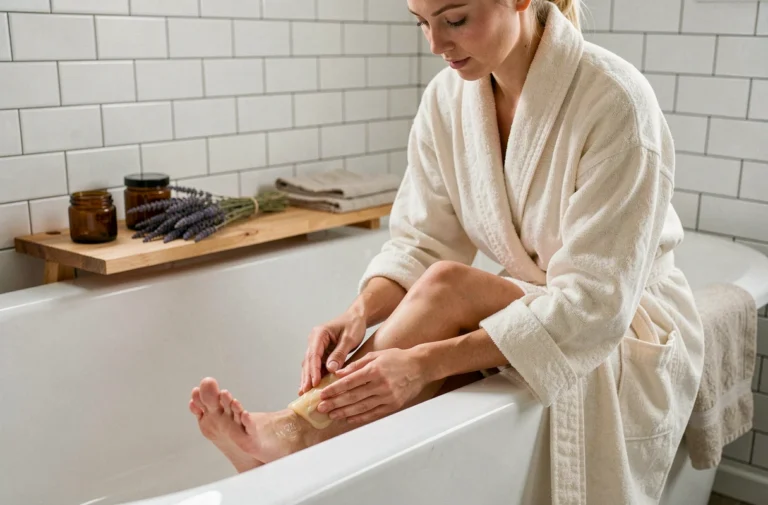 Femme appliquant une crème naturelle au beurre de karité sur ses pieds au bord d'une baignoire, entourée de produits naturels en verre ambré