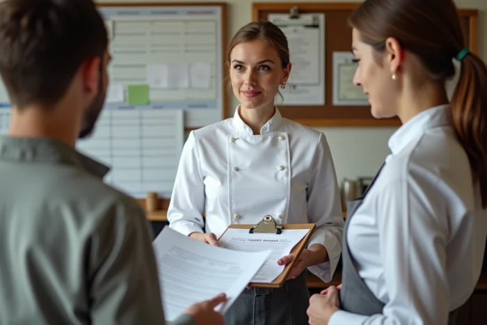 Une cheffe cuisinière et ses collègues préparant un dossier de candidature pour un prix culinaire dans un bureau de restaurant