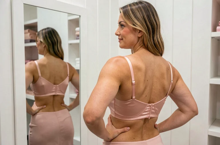 Femme avec poitrine en forme de poire portant un soutien-gorge balconnet bien ajusté dans une cabine d'essayage de lingerie