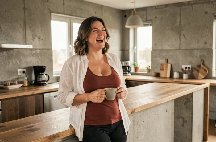Femme portant un soutien-gorge minimiseur terracotta sous une chemise blanche dans une cuisine moderne au style contemporain