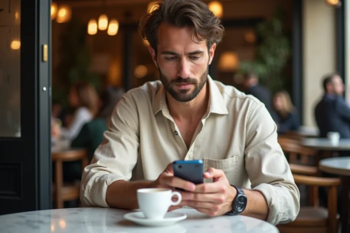 Homme consultant l'application Finary sur smartphone dans un café parisien, illustrant le suivi de patrimoine et revenus personnels