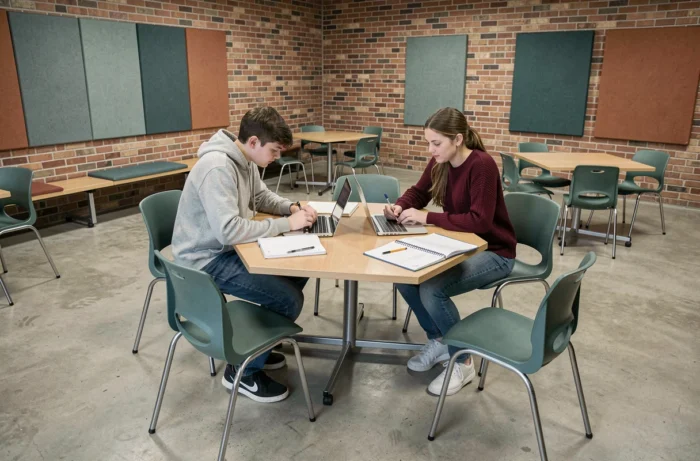 Élèves adolescents travaillant en groupe autour de tables scolaires modulables dans un espace collaboratif moderne