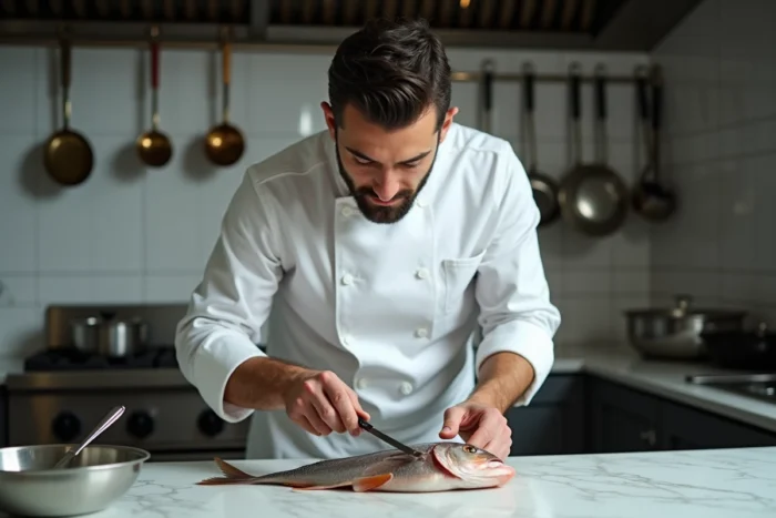 Chef cuisinier réalisant une technique précise de désossage d'un poisson sur un plan de travail en marbre