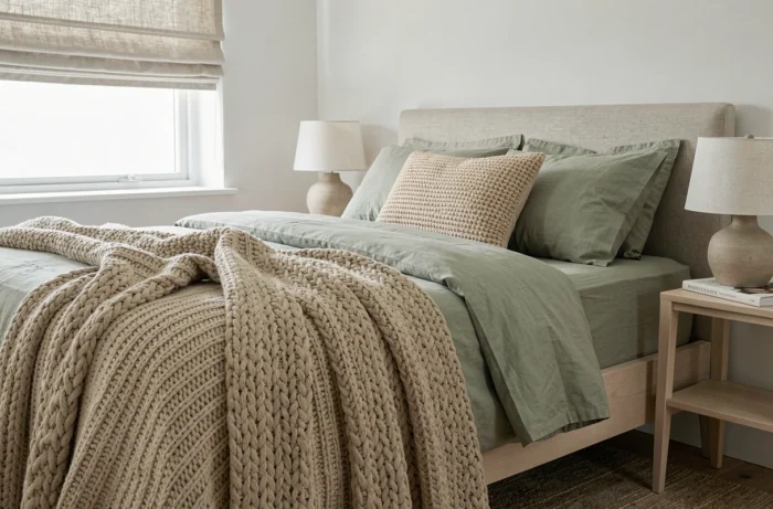 Suite parentale avec linge de lit en lin et plaid en bouclette drapé sur un lit en frêne pâle, ambiance textile douce et naturelle
