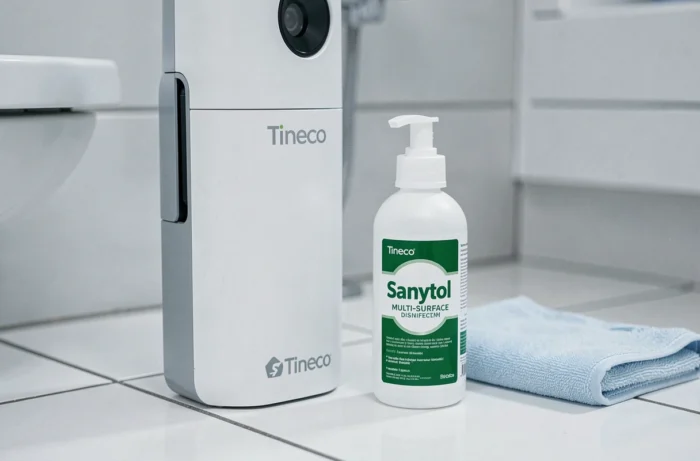Aspirateur Tineco et bouteille de Sanytol posés côte à côte sur carrelage de salle de bain