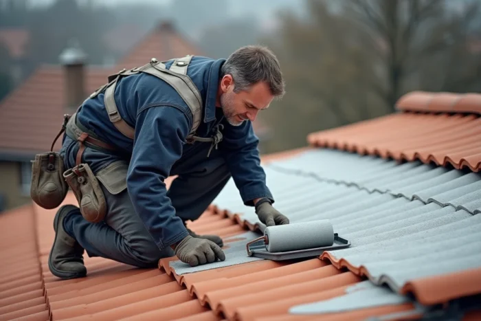 Couvreur professionnel appliquant un traitement hydrofuge transparent sur des tuiles poreuses avec un rouleau sur un toit en pente
