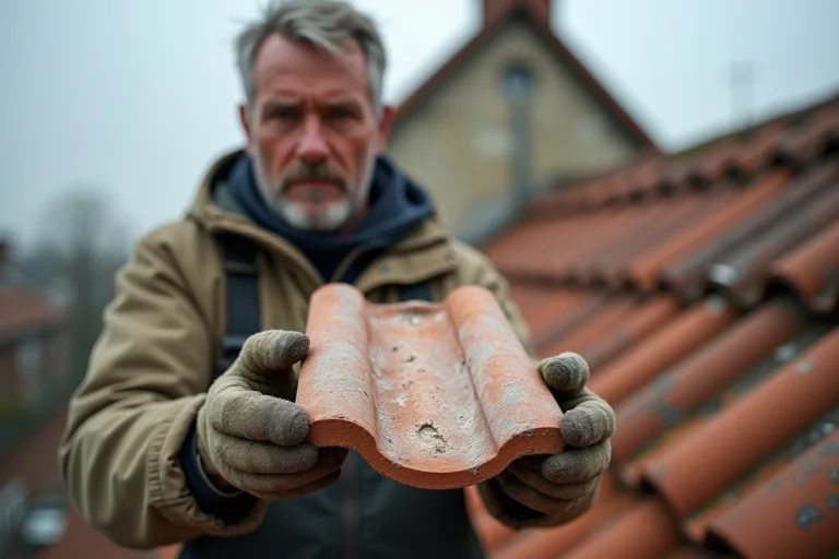 Couvreur tenant une tuile poreuse abîmée avec efflorescence et microfissures visibles sur un toit en tuiles de terre cuite