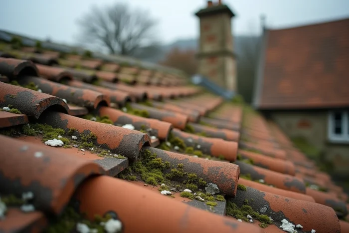 Tuiles de toiture poreuses recouvertes de mousse et de dépôts minéraux blancs avec microfissures visibles sur un toit ancien