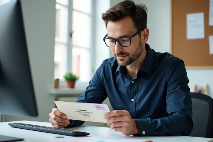 Homme vérifiant l'adresse d'un courrier de l'association Inser Asaf rue Manin Paris sur ordinateur