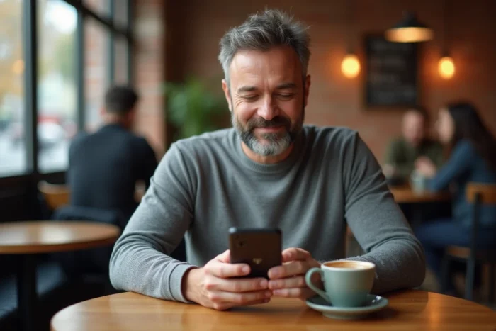 Homme consultant des avis en ligne sur un smartphone dans un café urbain, symbolisant la vérification de la fiabilité d'une plateforme commerciale comme Xamoz