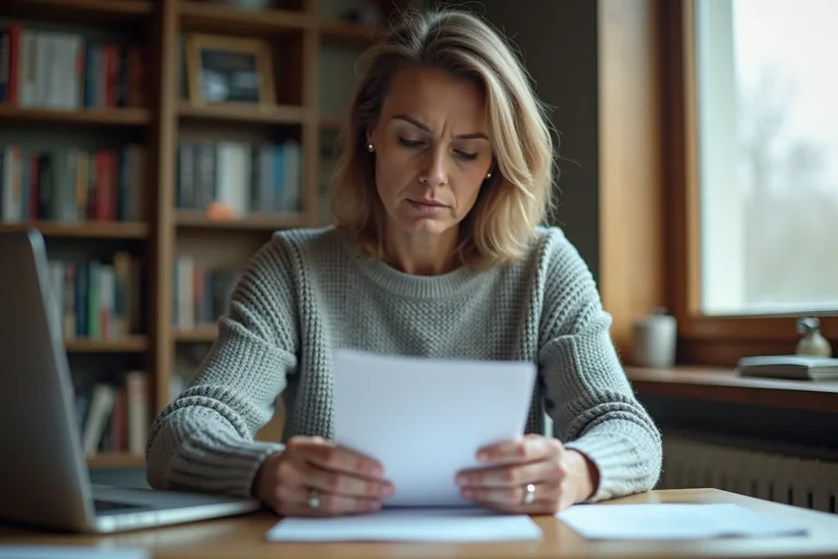 Femme vérifiant un courrier officiel de l'association Inser Asaf reçu à son domicile