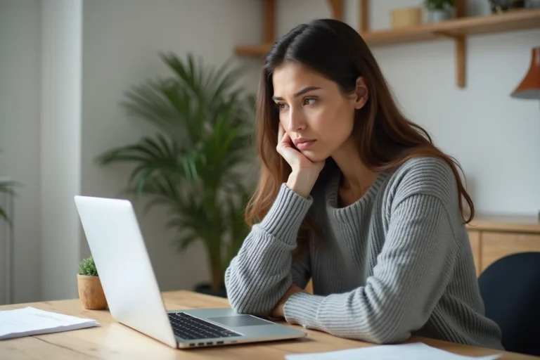 Femme vérifiant la fiabilité d'une offre en ligne sur son ordinateur portable dans un bureau à domicile