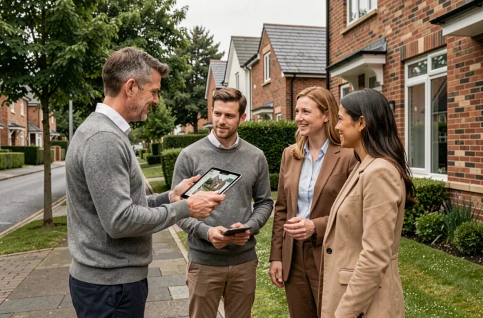 Agent immobilier présentant une visite virtuelle sur tablette à des acheteurs devant une maison à vendre