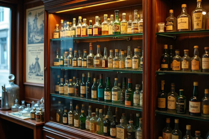 Vitrine d'une boutique d'antiquités remplie de centaines de mignonnettes en verre classées par époque et par type de spiritueux