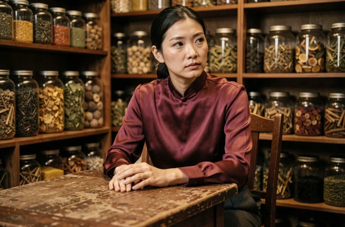 Femme asiatique en blouse de soie bordeaux dans une boutique de médecine traditionnelle chinoise, atmosphère mystérieuse et culturelle pour Wu Assassins
