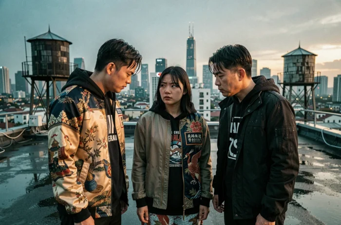 Trio de personnages en tenues urbaines inspirées de la culture chinoise sur un toit en ville, scène de tension pour Wu Assassins saison 2