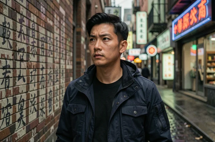 Jeune homme d'origine asiatique en veste tactique sombre dans une ruelle de Chinatown, ambiance urbaine et mystérieuse pour Wu Assassins saison 2